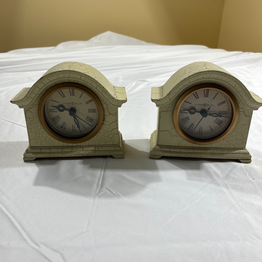 Howard Miller Delano Mantle Table Clock 645-410 Crackle Cream Vintage Pair 2pc